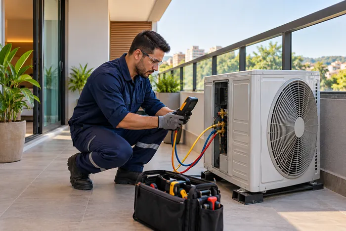 Técnico avaliando uma condensadora de ar-condicionado
